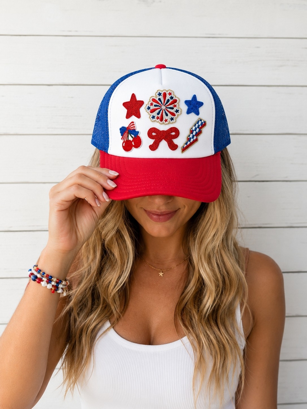Patriotic Patch Trucker Hat 🇺🇸 Red White Blue USA Summer Hat